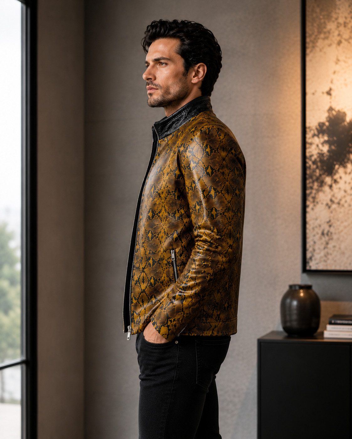 Men’s Yellow Snakeskin Leather Jacket, Genuine Leather Python-inspired Jacket