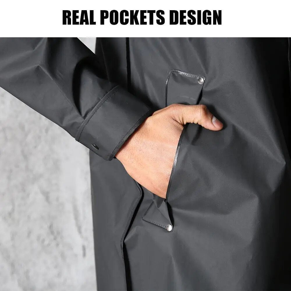 Men Black Waterproof Long Raincoat Rain Coat Hooded Trench Jacket Outdoor Hiking