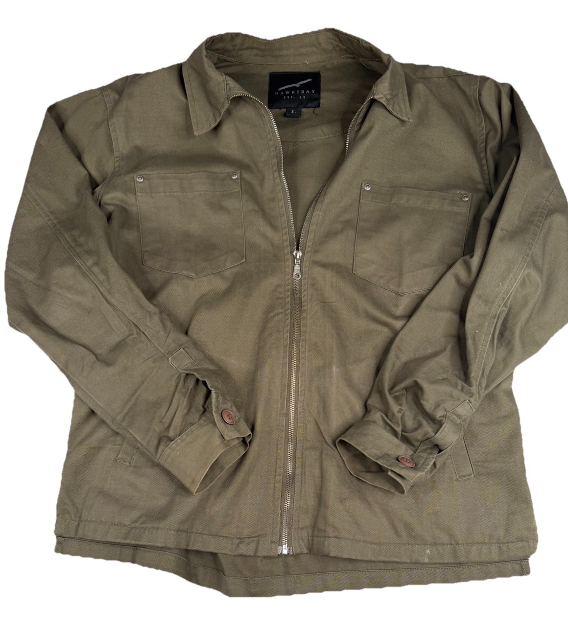 Hawksbay Men’s Olive Zip Button Jacket Pockets Mid-Length Casual Size L