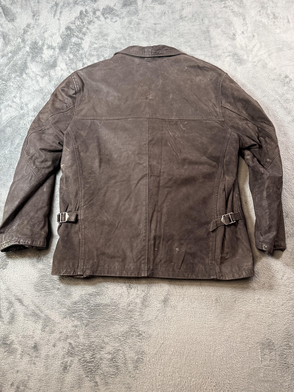 USED Leather Coat Mens 54 Brown Belted Button Front Quilted Overcoat Made Italy