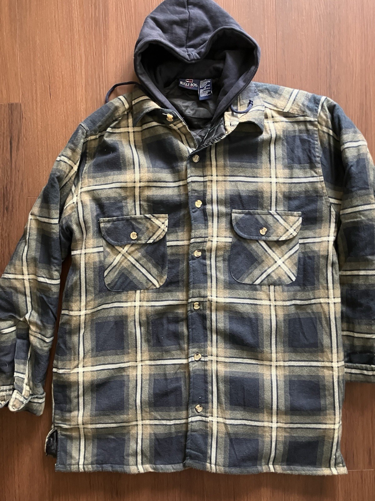 Vintage 90’s Bugle Boy Plaid Quilted Lined Flannel Shirt Jacket Zip Hoodie M