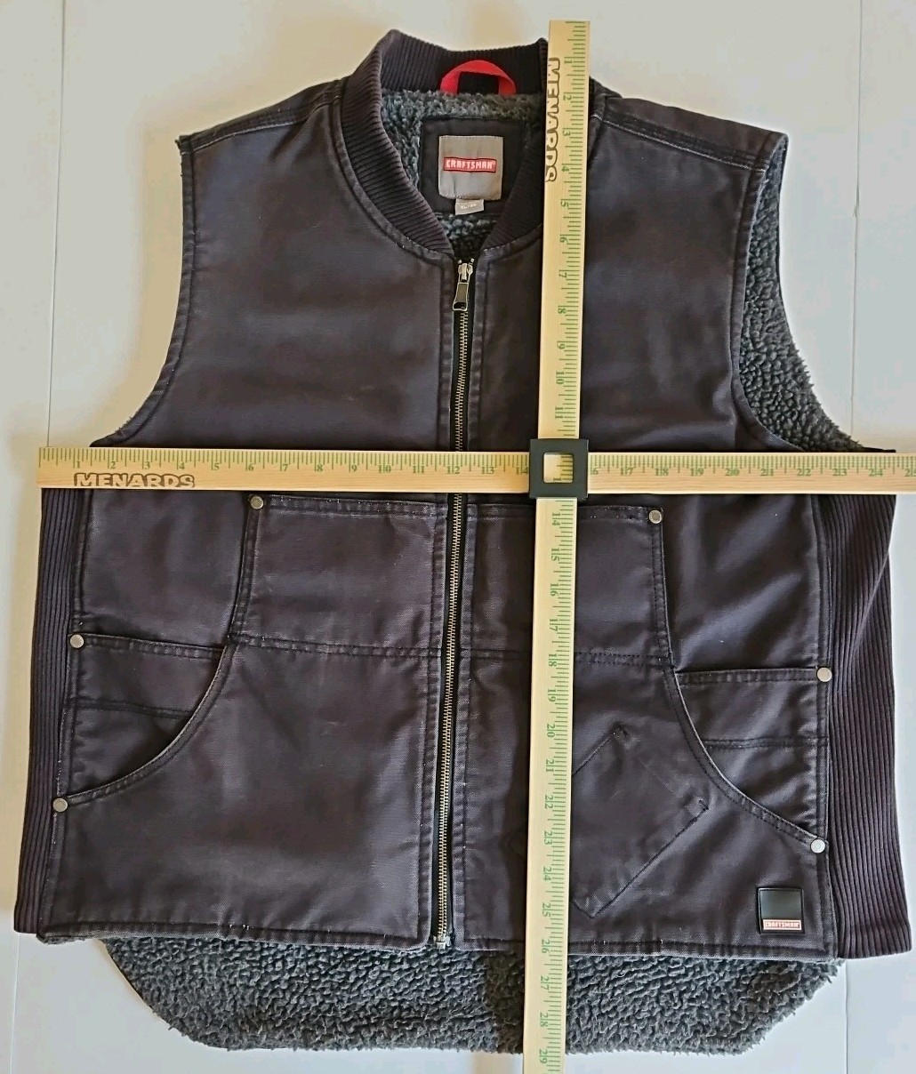 Craftsman Vest Grey Cotton Canvas Sherpa Lined Workwear 10 Pockets Men’s XL Vtg
