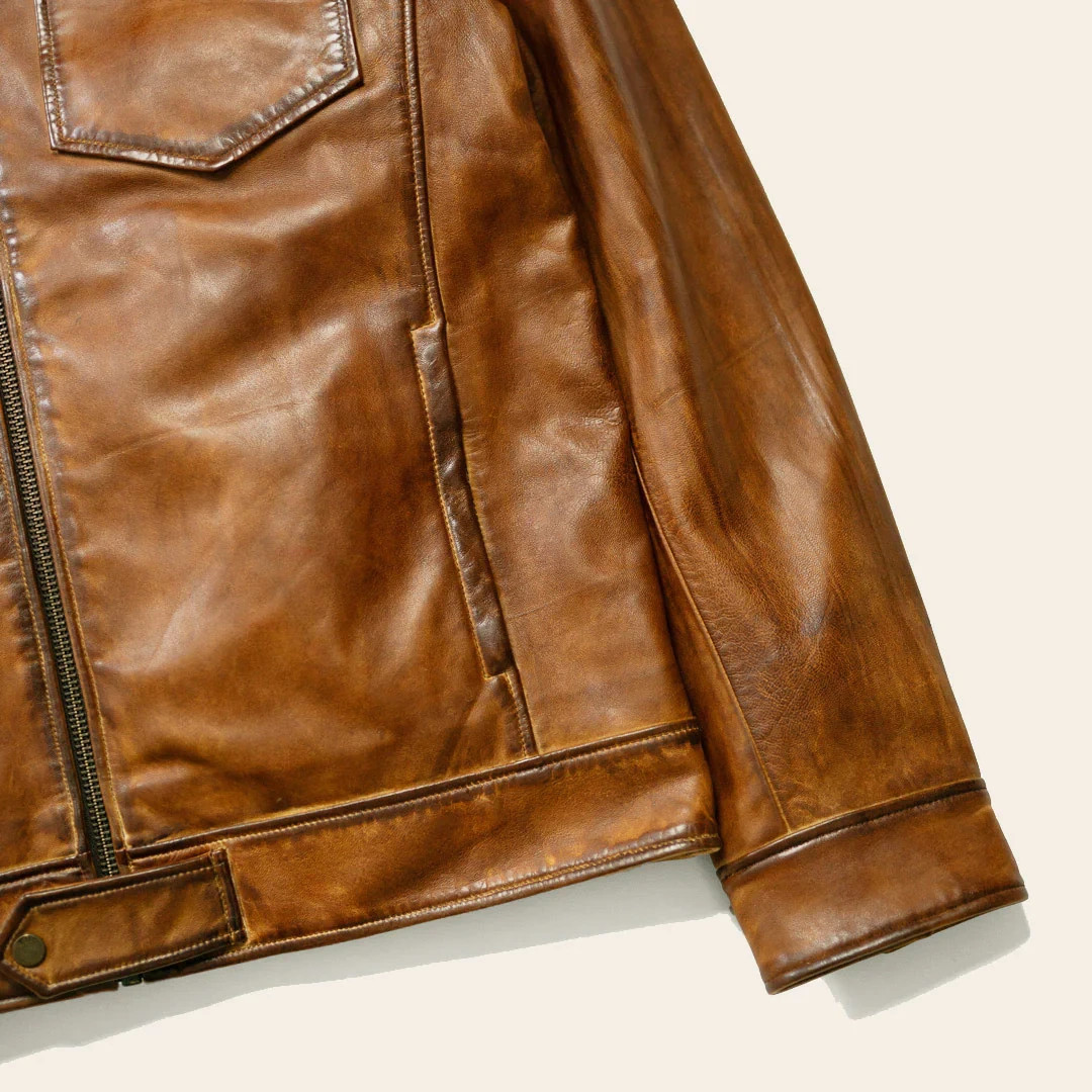 Men’s Genuine Leather Western Jacket Brown Vintage Zip-Up Classic Cowboy Coat