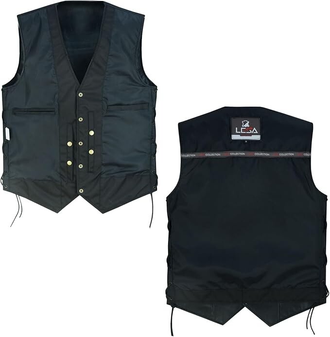 Leather Motorcycle Vest for Men with 10 Pockets – V-Neck Biker Vest