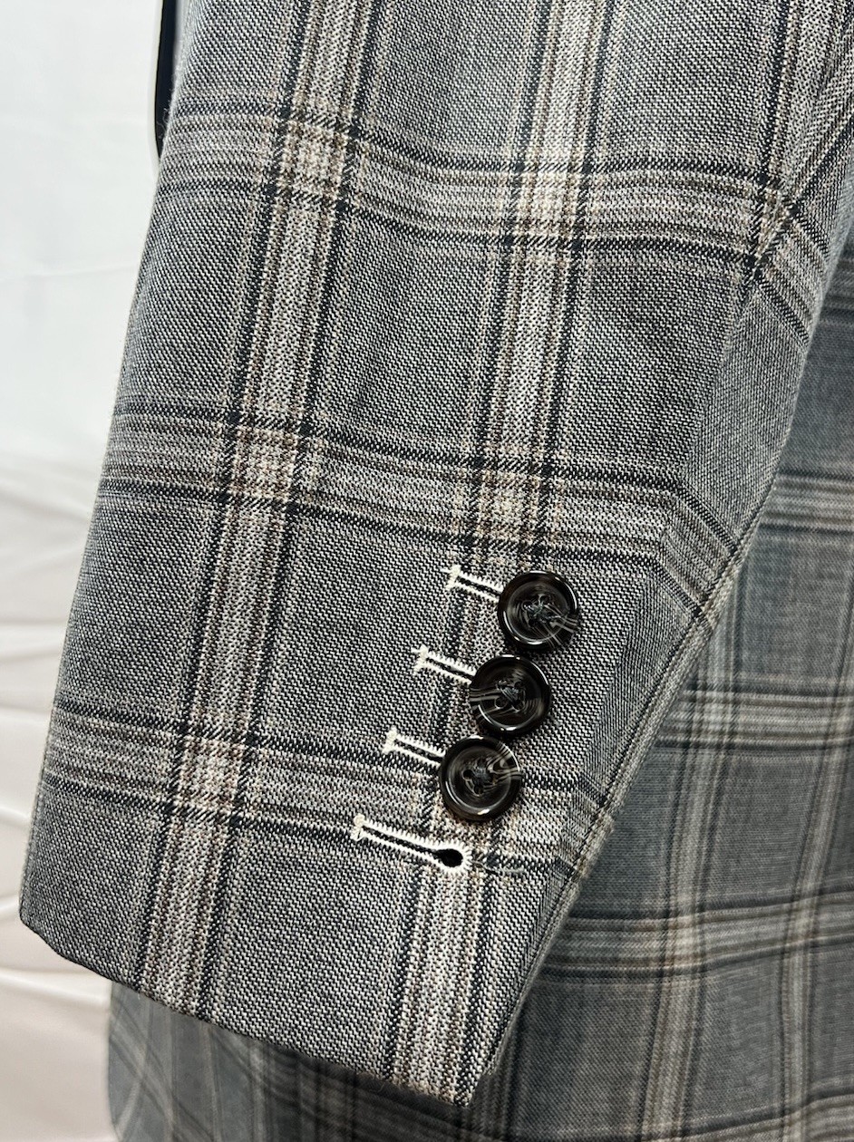 Custom Tailored Men’s 46 Gray Tan Windowpane Plaid 2-Button Blazer Jacket Coat