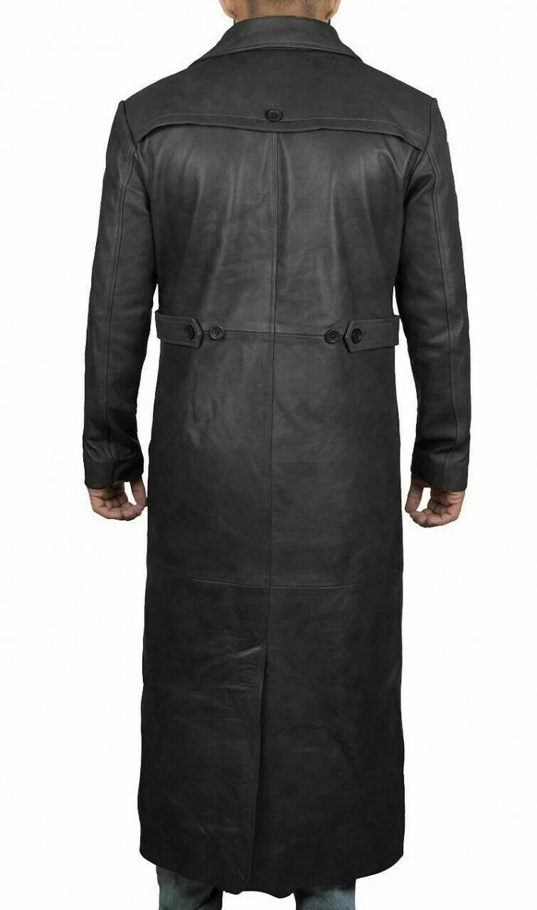 Men’s Long Full Length Black Leather Button Front Trench Over coat Duster Jacket