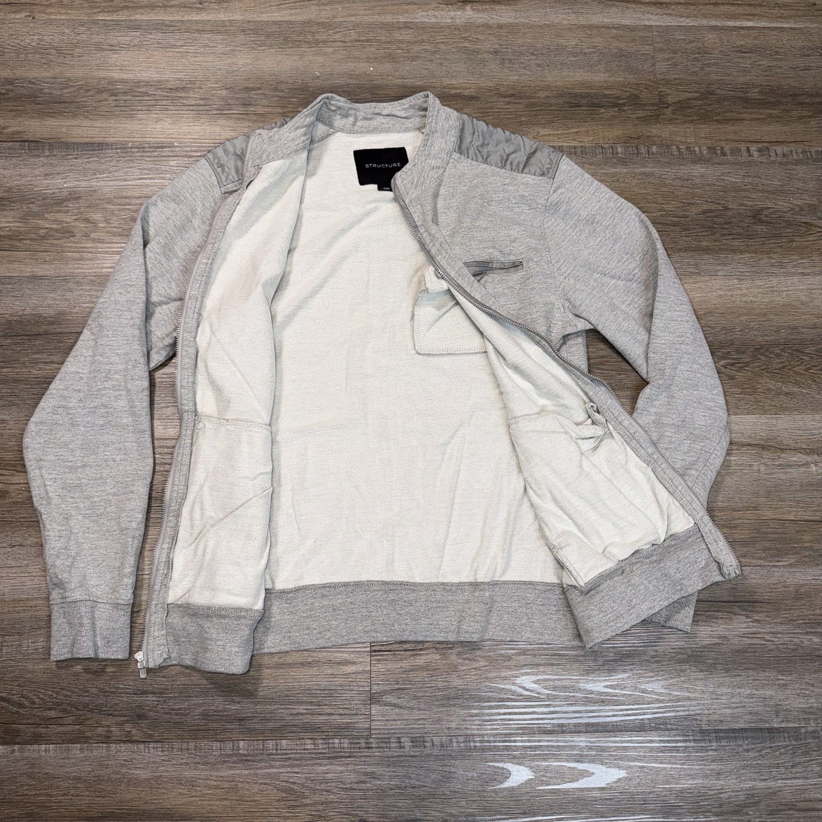 Structure Bomber Jacket Mens Medium Gray Full-Zip Quilted Design Shoulders Chest