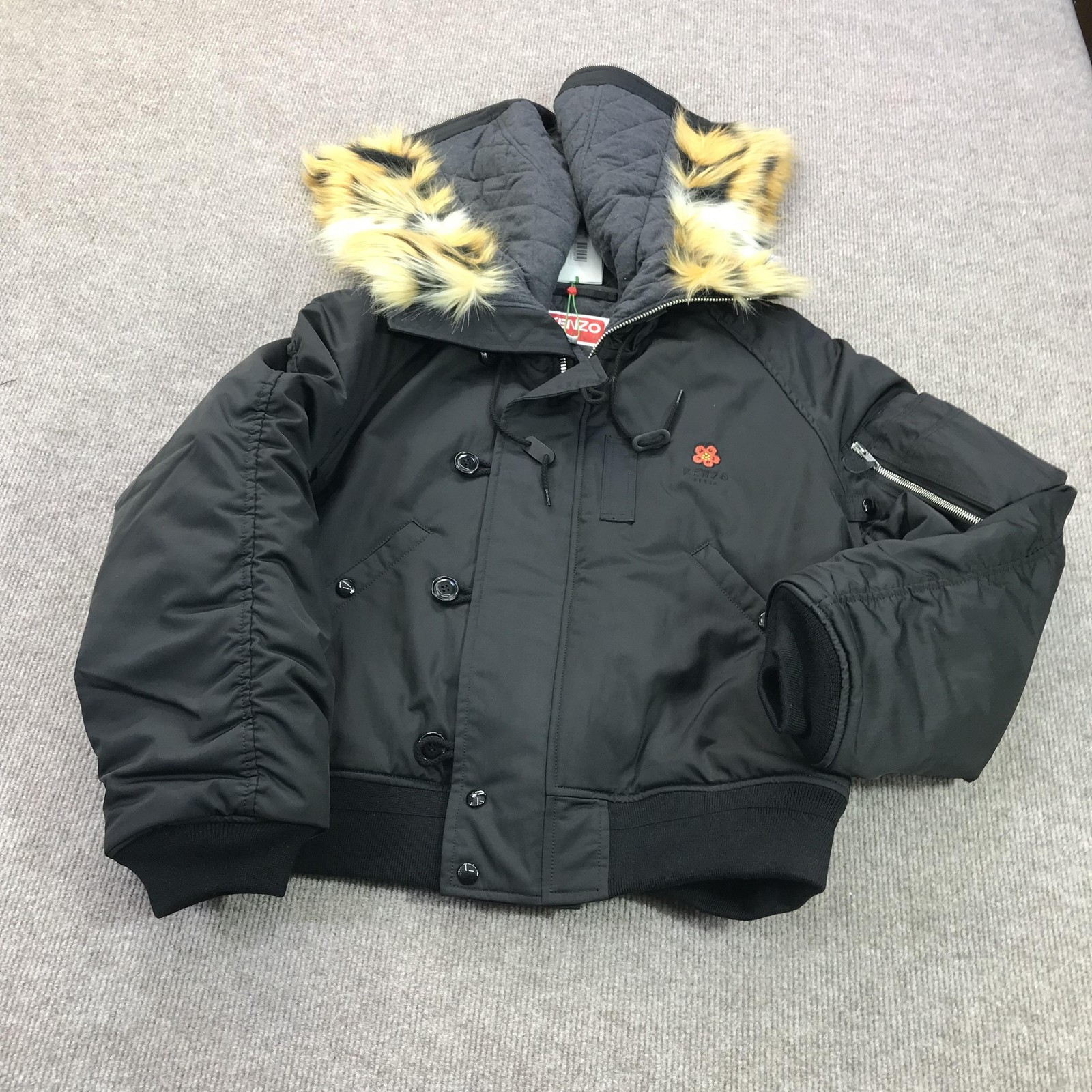 Kenzo Jacket Mens Small Black Short Parka Fur Hood Removable Quilted Insulated