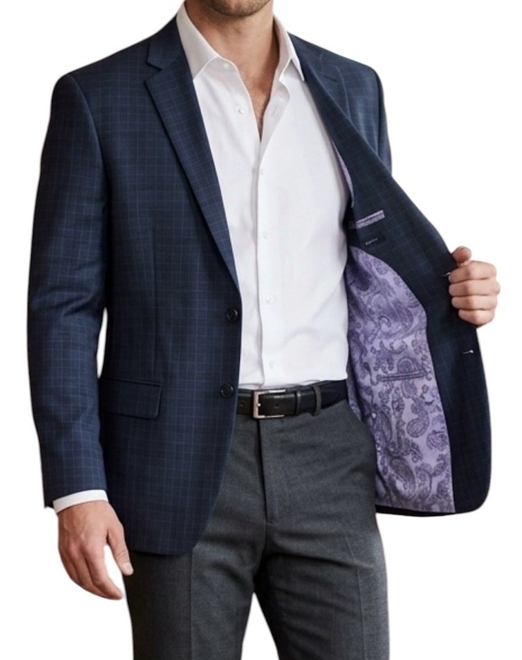 Rajah Custom Made Luxury Design Navy Wool Checked Lilac Lined Blazer Jacket Sz M