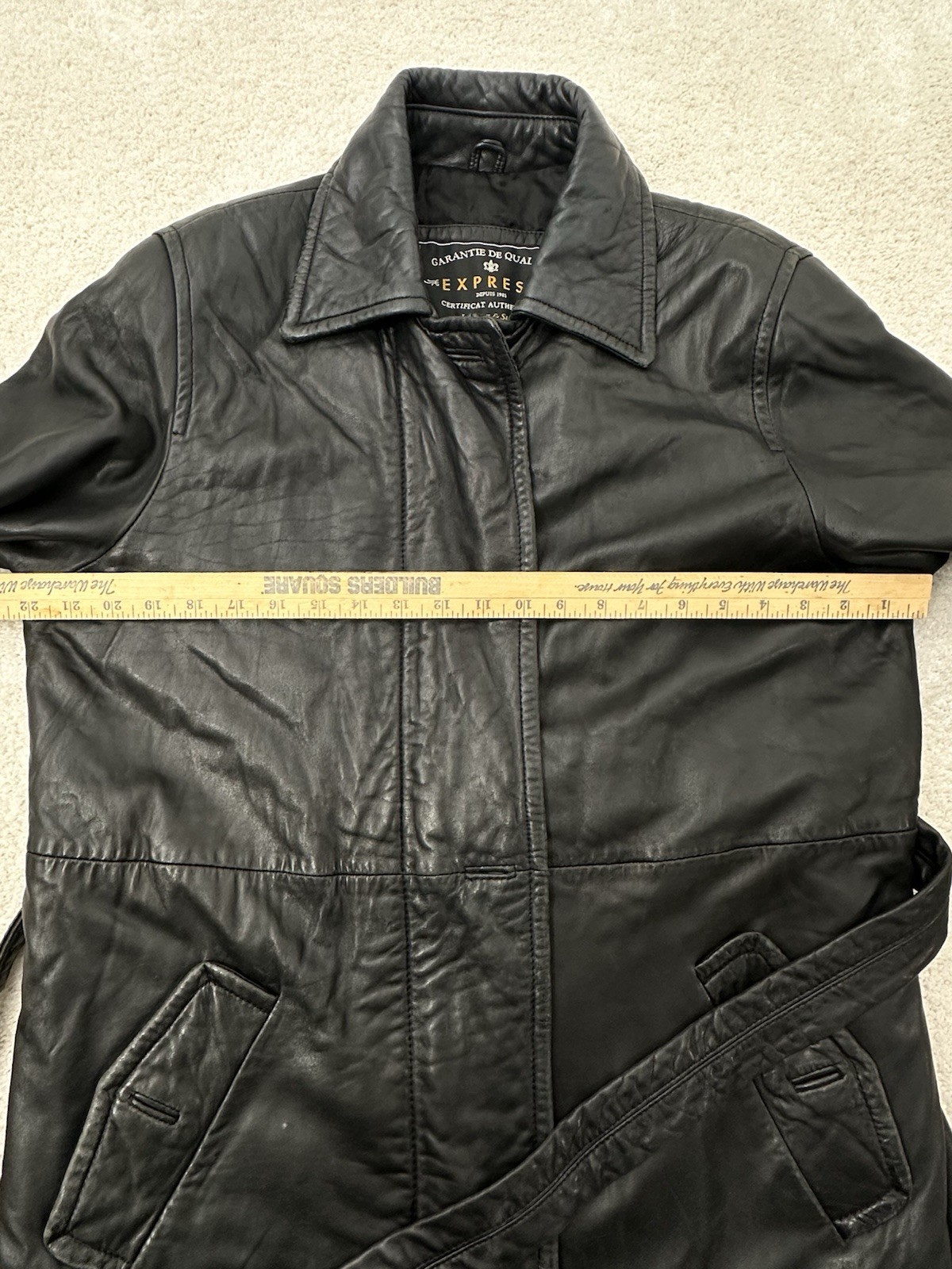 Vtg Express Leather Trench Coat Jacket M Black Belted Genuine Leather Thinsulate