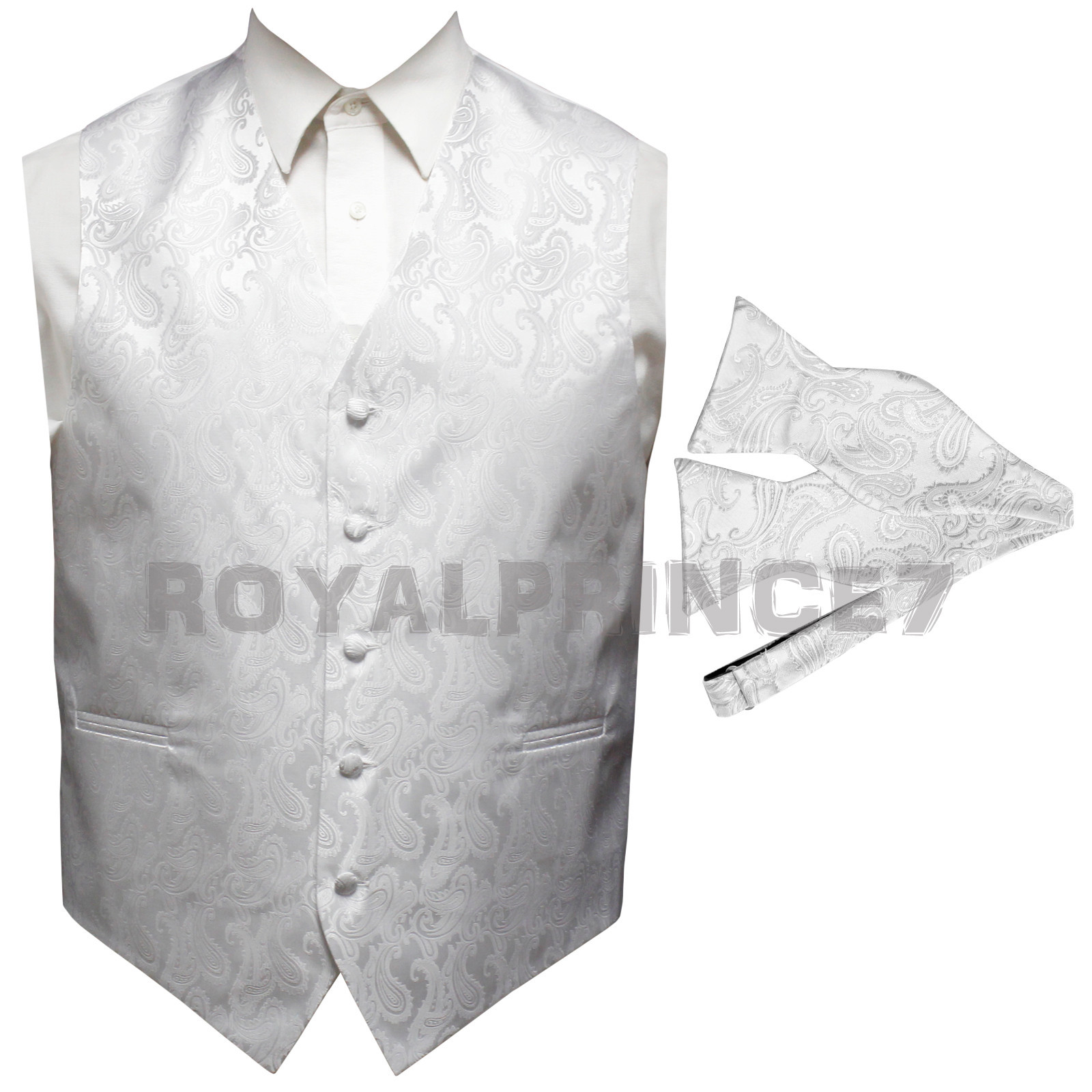WHITE XS to 6XL Paisley Tuxedo Suit Vest Waistcoat & Self tie Bow tie Wedding