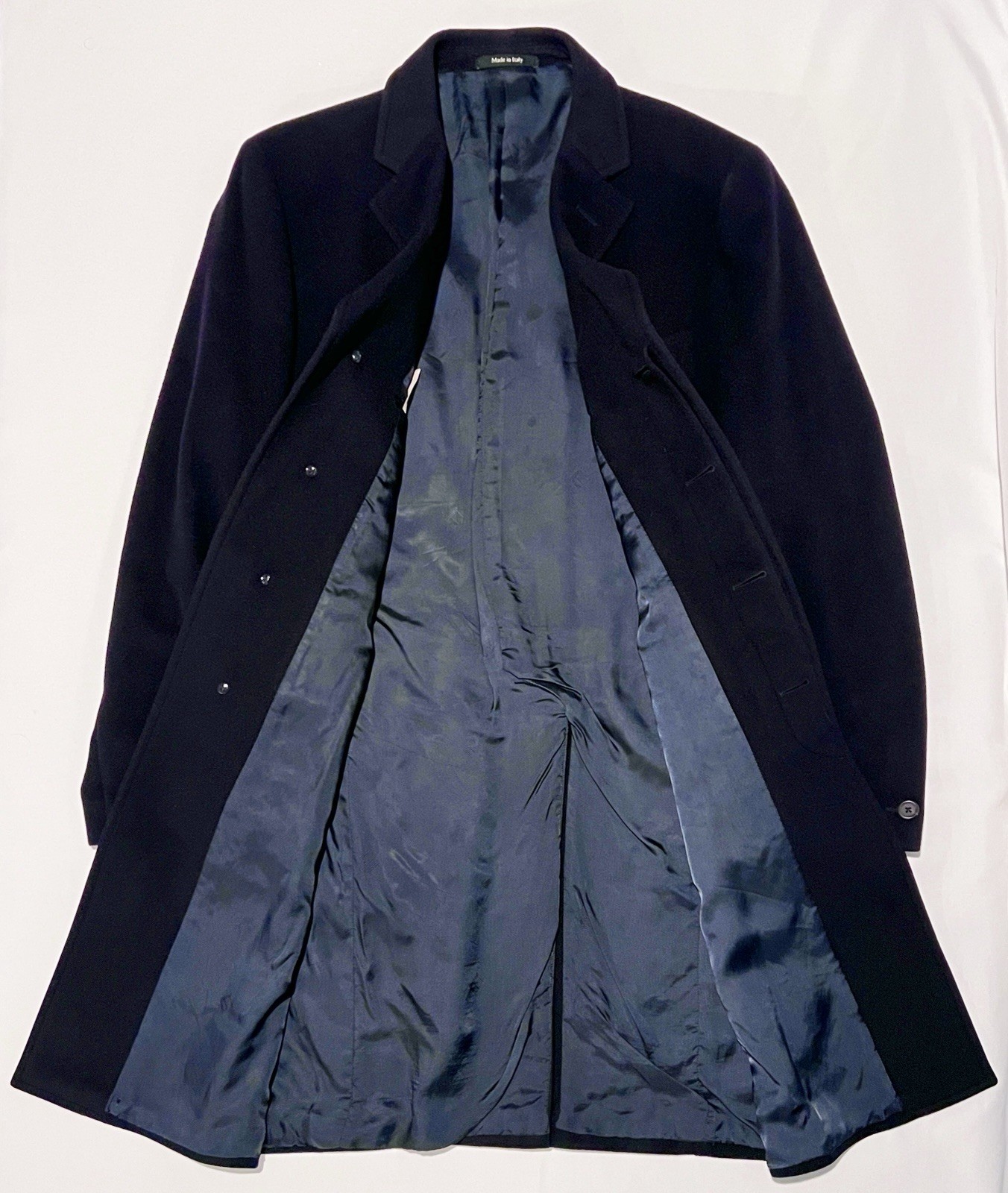 Vtg DUNHILL Navy Pure Cashmere Ticket Pocket Topcoat Overcoat 46″ Chest Italy