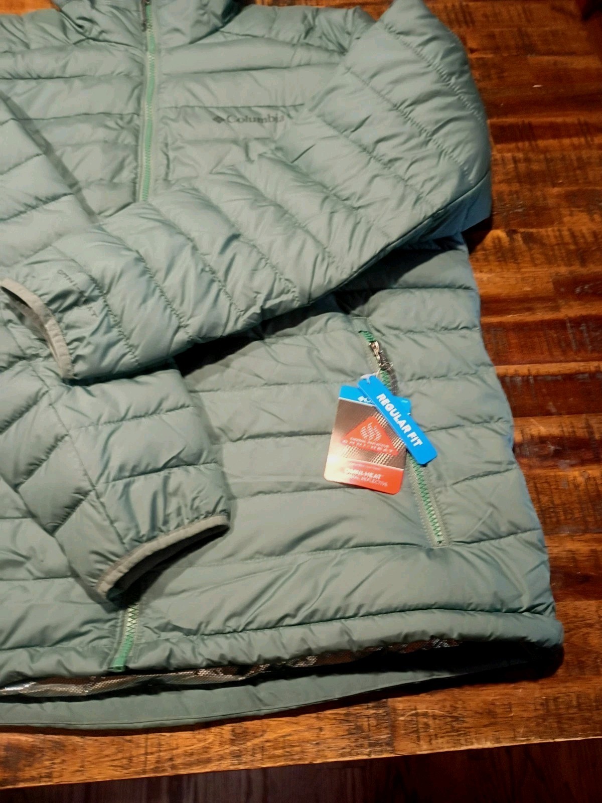 Columbia Mens White Out Omni Heat Hooded Insulated PUFFER Jacket Large Grass Gre