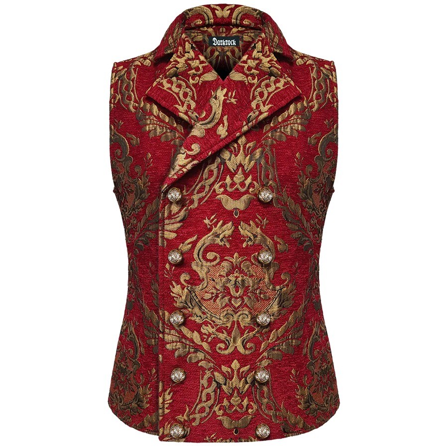 Men Gothic Victorian Red/Gold Brocade Waistcoat Vest Jacquard Tuxedo Vest