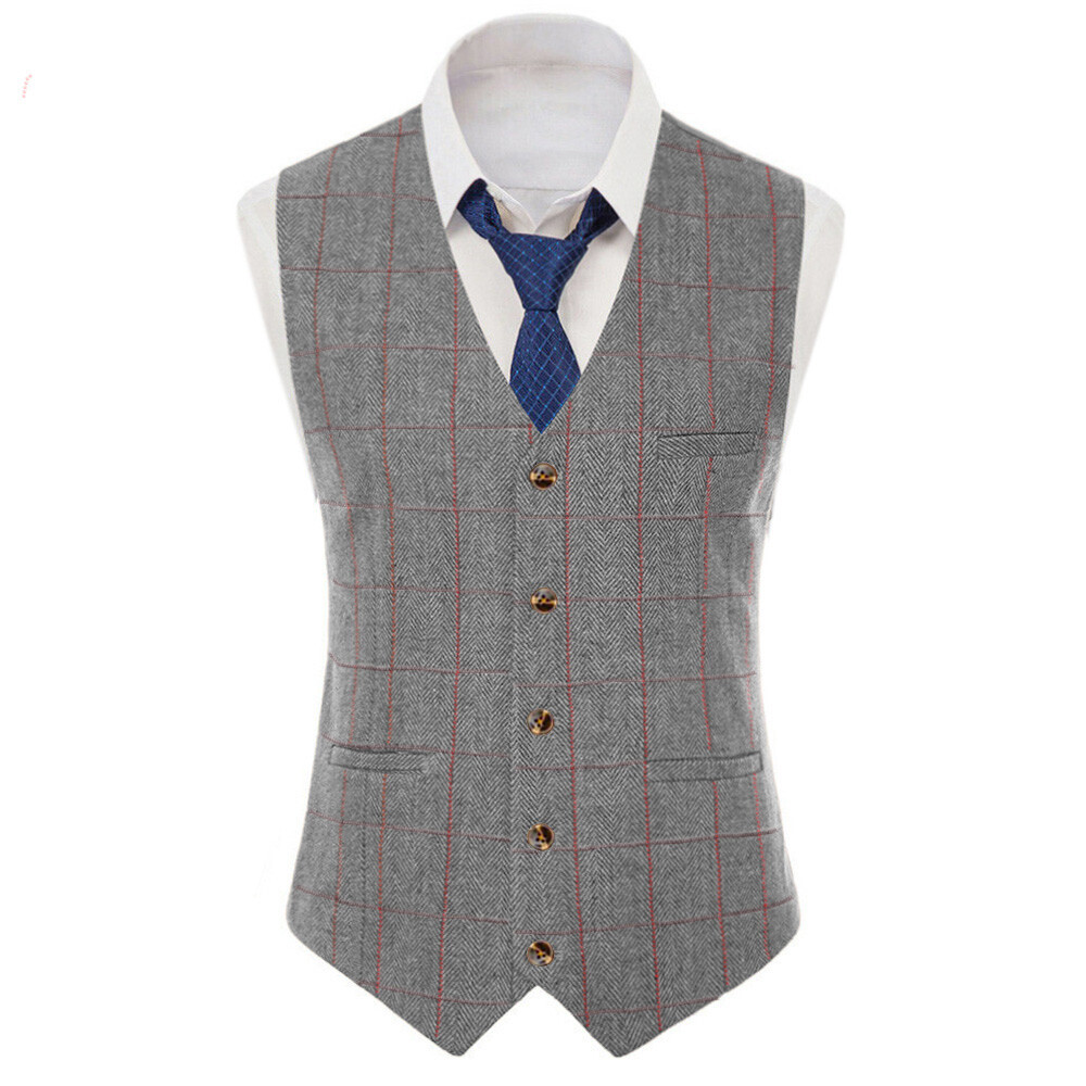Tweed Mens Suit Plaid Waistcoat Herringbone Vest Windowpane Wedding Vintage Wool