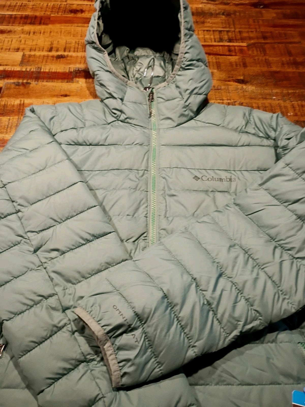 Columbia Mens White Out Omni Heat Hooded Insulated PUFFER Jacket Large Grass Gre