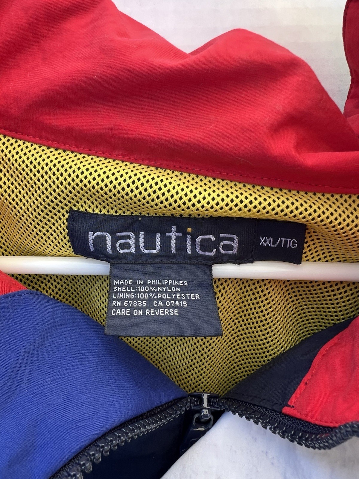 Nautica Men’s XXL Windbreaker Jacket Navy Red Hood Zip Button Drawstring