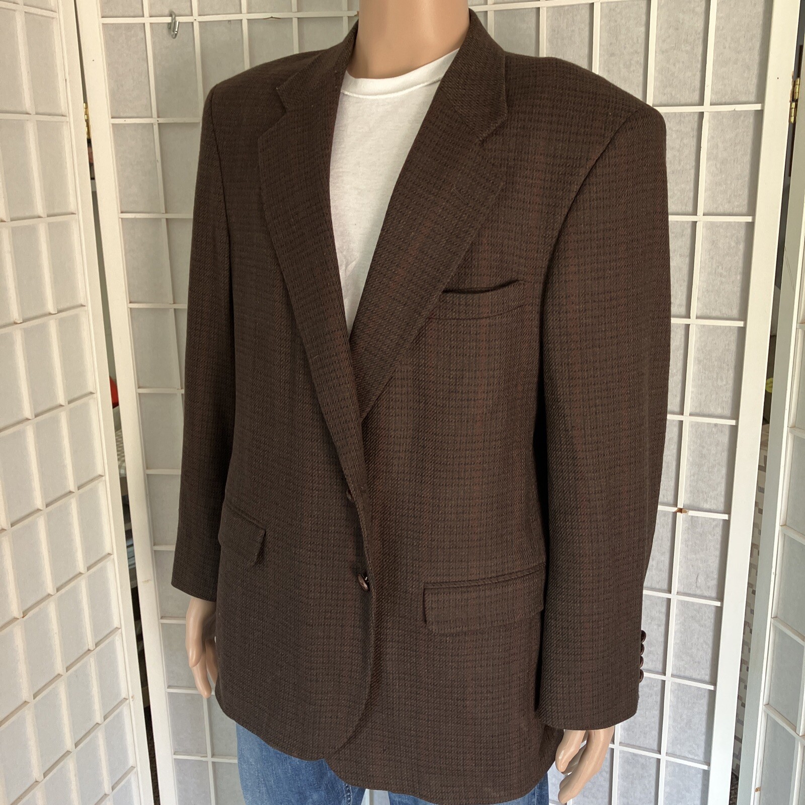Men’s Stanley Blacker 44R Sepai Brown Check 100% Wool Business Blazer