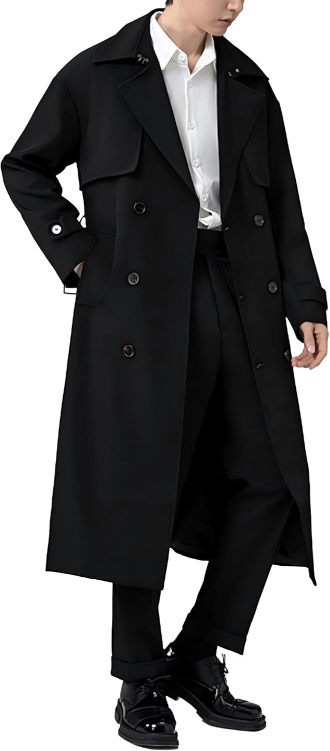 Mens Double Breasted Trench Coat Long Business Casual Windbreaker Overcoat