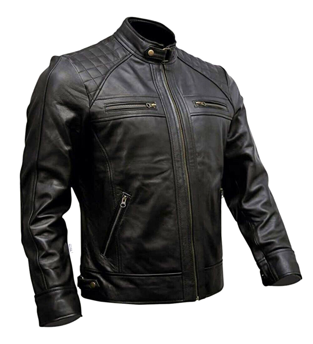 Men’s Café Racer Biker Leather Jacket Black Brown Motorcycle Genuine Leather