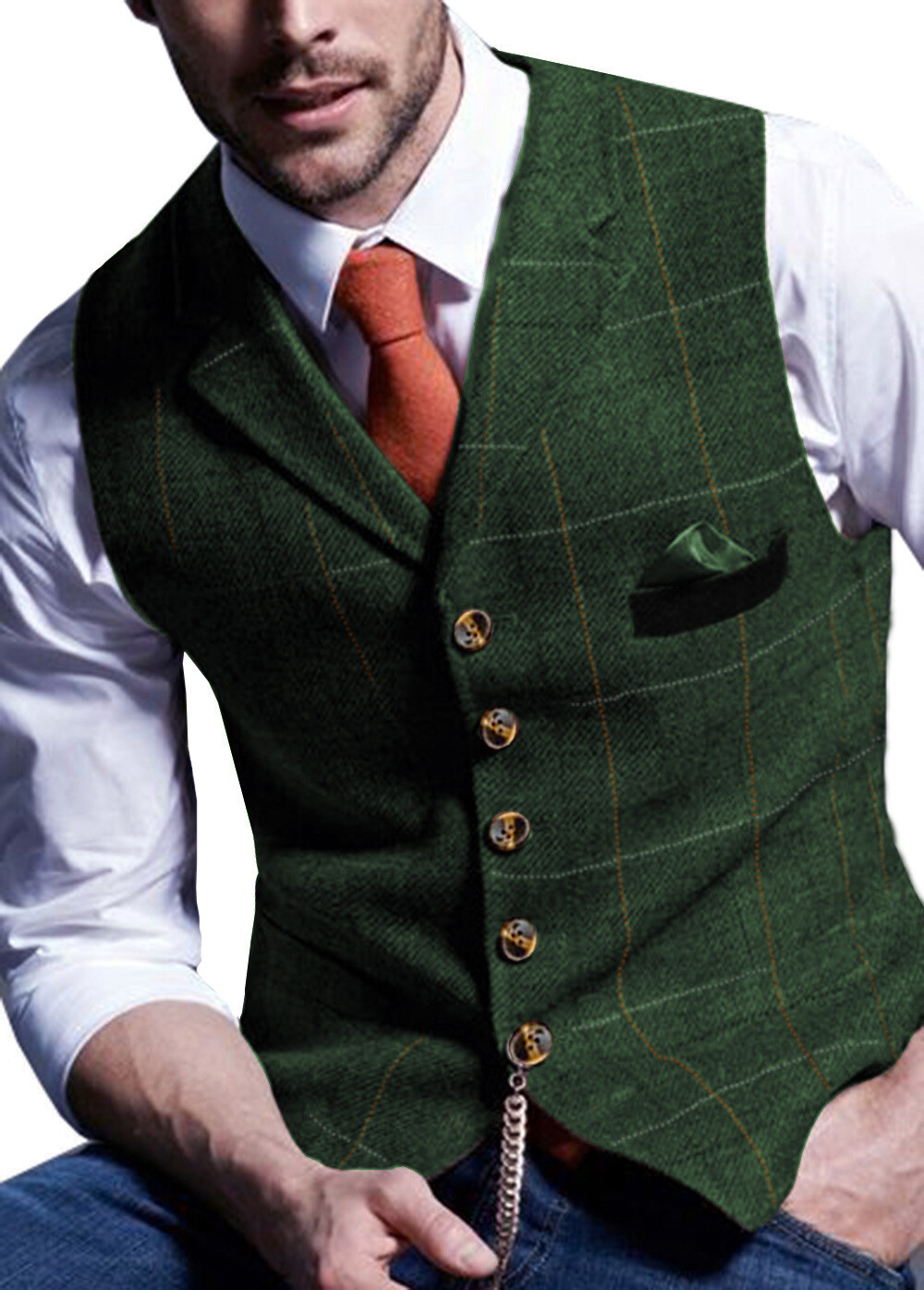 Mens Suit Plaid Waistcoat Tweed Vest Herringbone Windowpane Wedding Vintage Wool