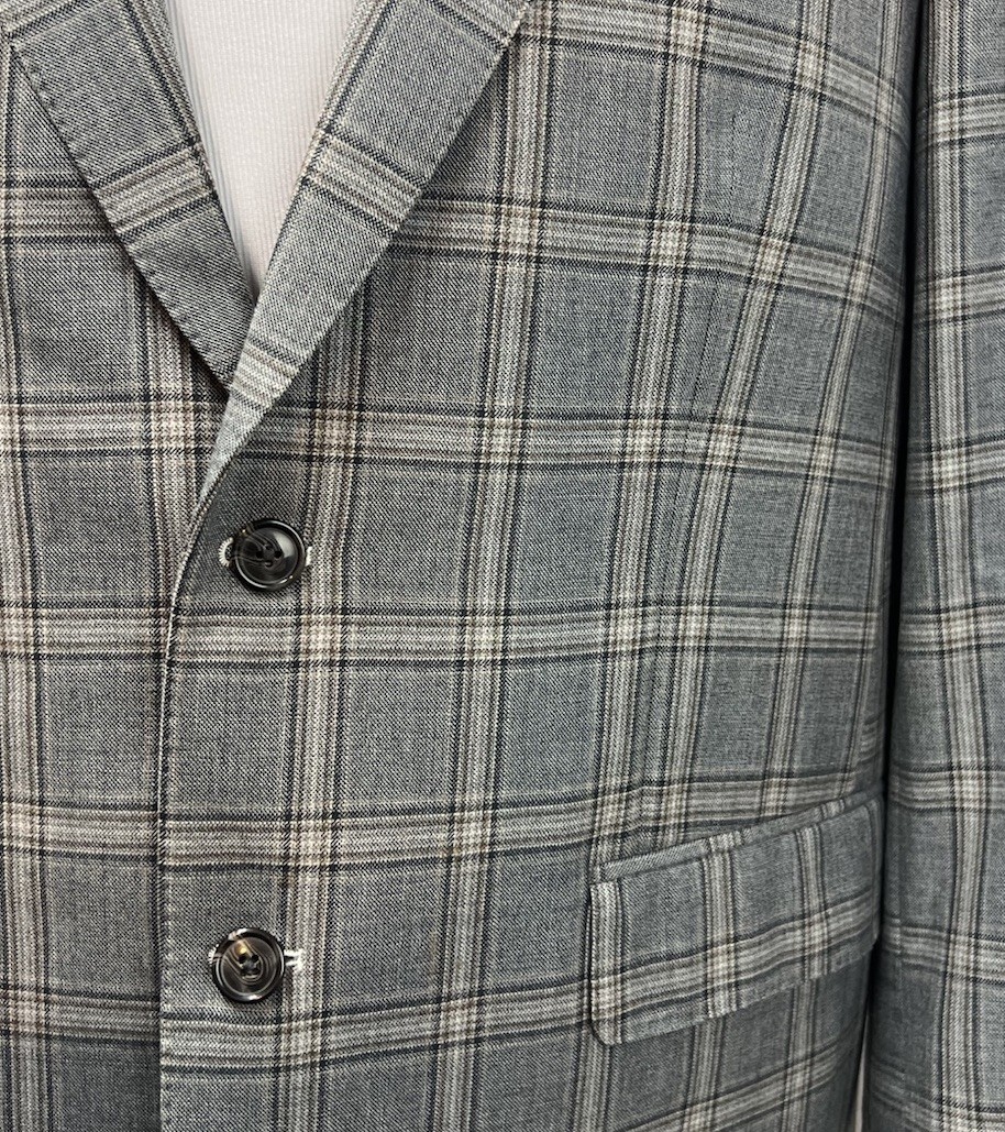 Custom Tailored Men’s 46 Gray Tan Windowpane Plaid 2-Button Blazer Jacket Coat