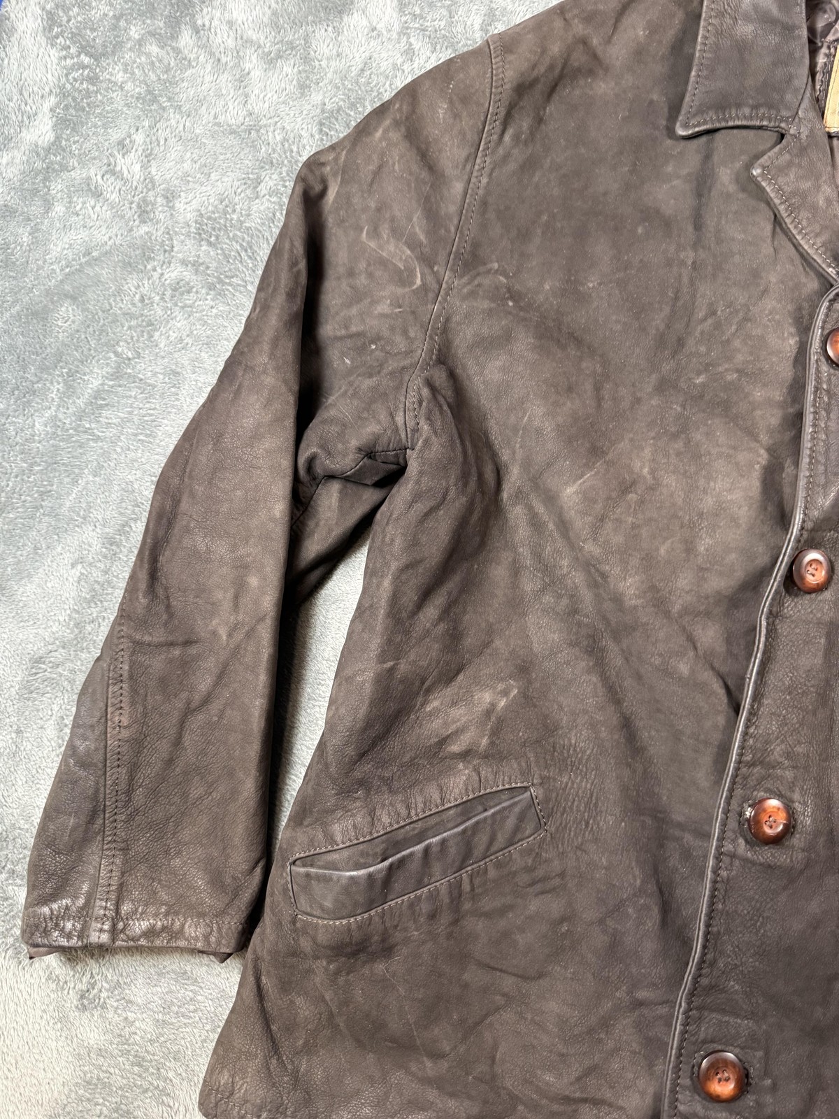 USED Leather Coat Mens 54 Brown Belted Button Front Quilted Overcoat Made Italy