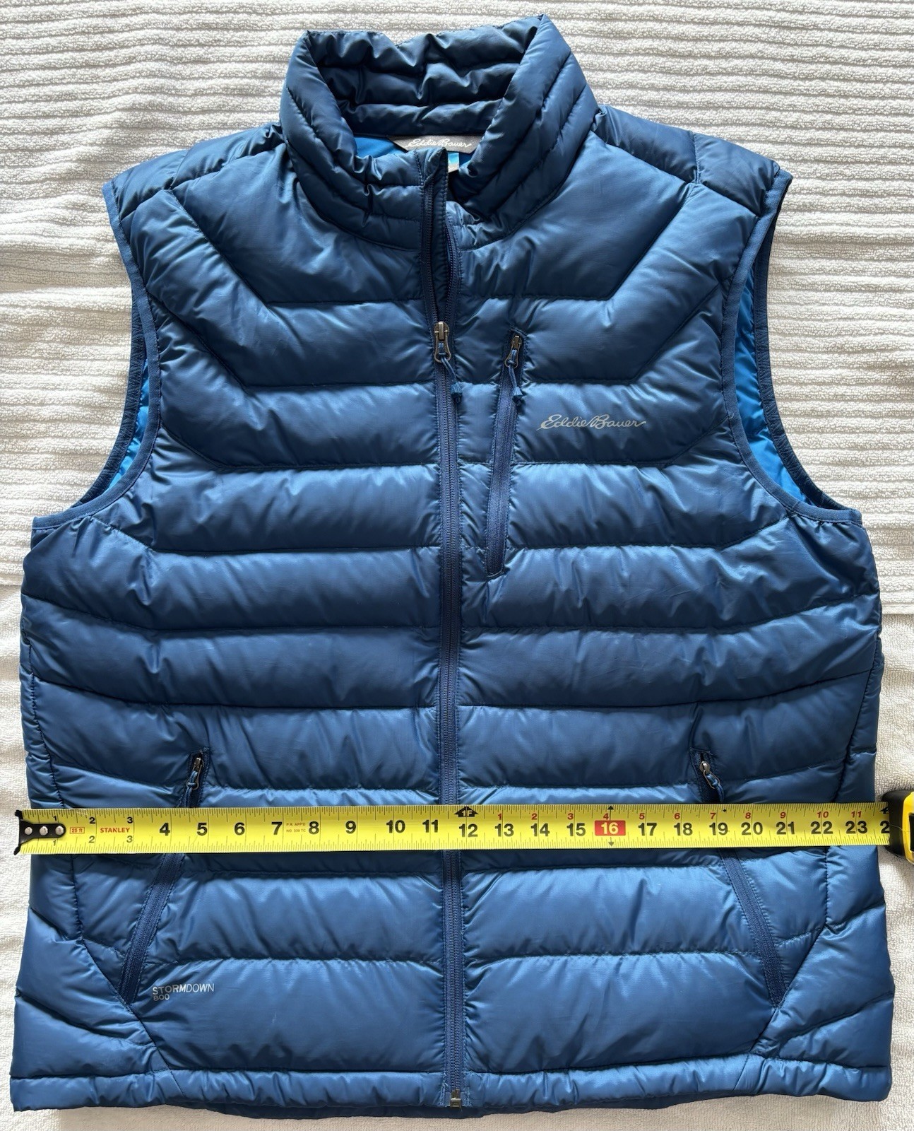 Eddie Bauer StormDown 800 Vest Mens L Blue Quilted Puffer Pockets