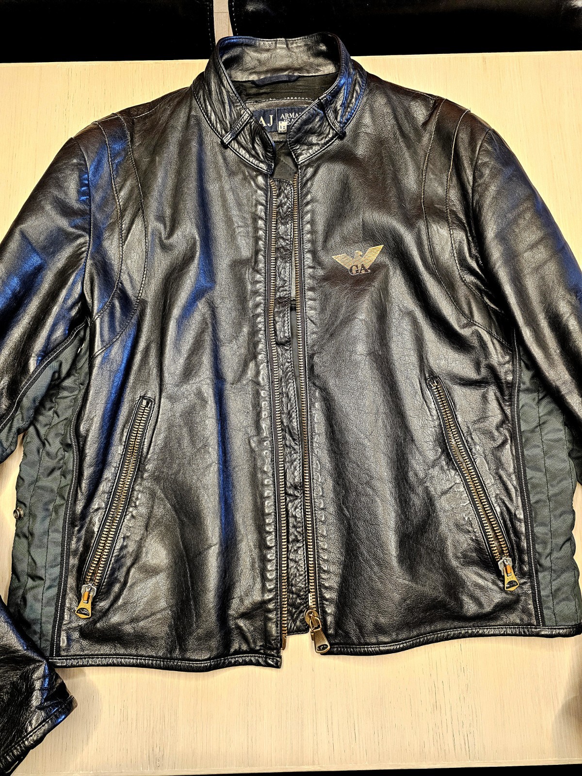armani jeans men’s, black leather biker/army size XL, perfect condition