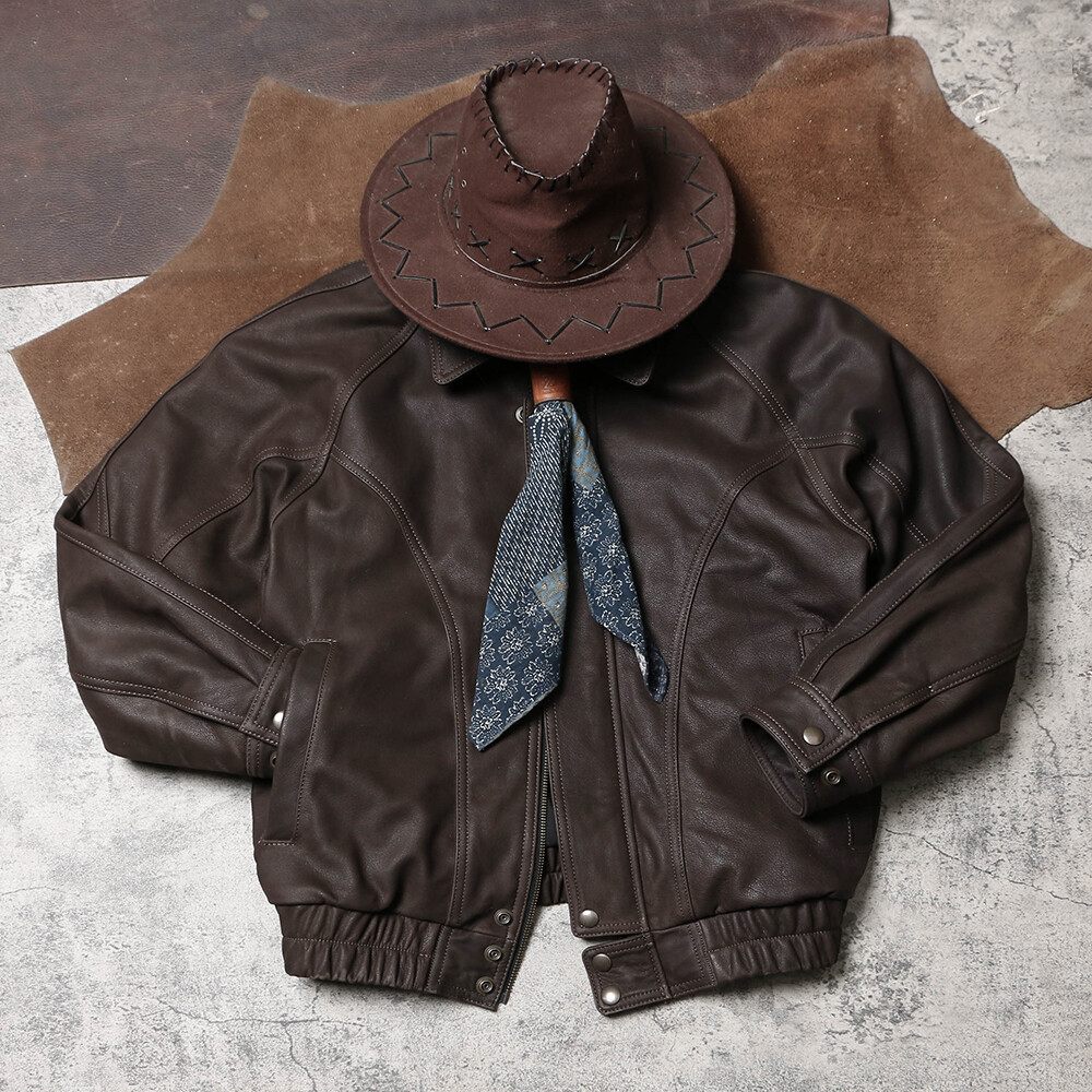 Men’s Vintage Bomber Jacket Full Grain Brushed CowhideClassic Leather Jacket