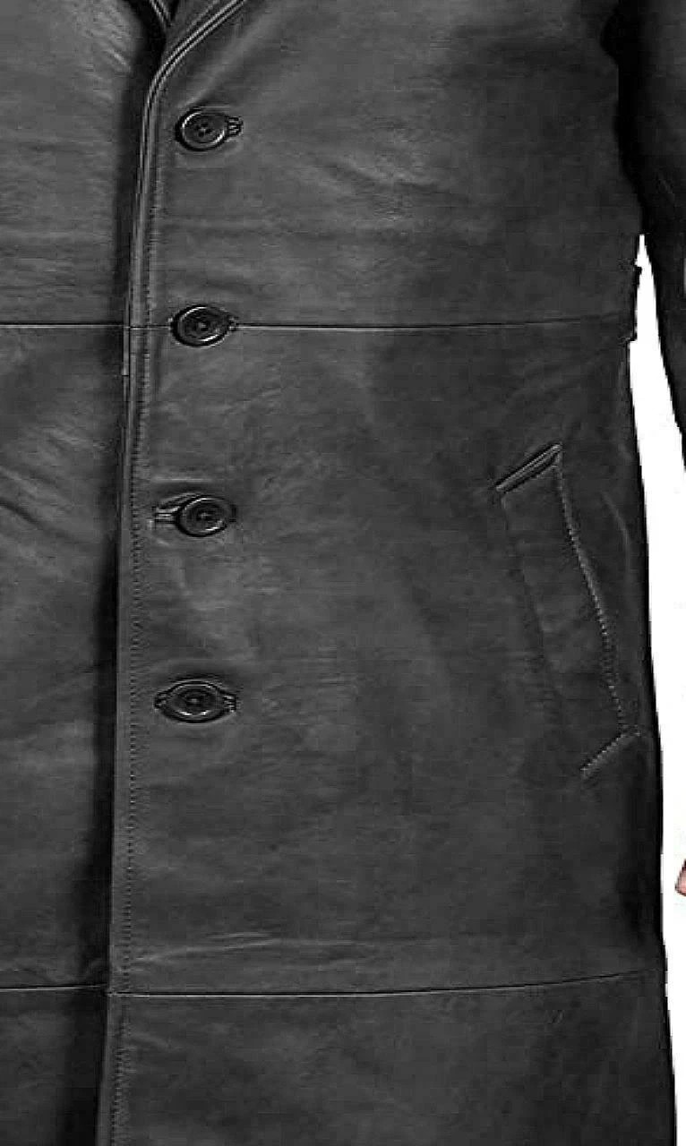 Men’s Long Full Length Black Leather Button Front Trench Over coat Duster Jacket
