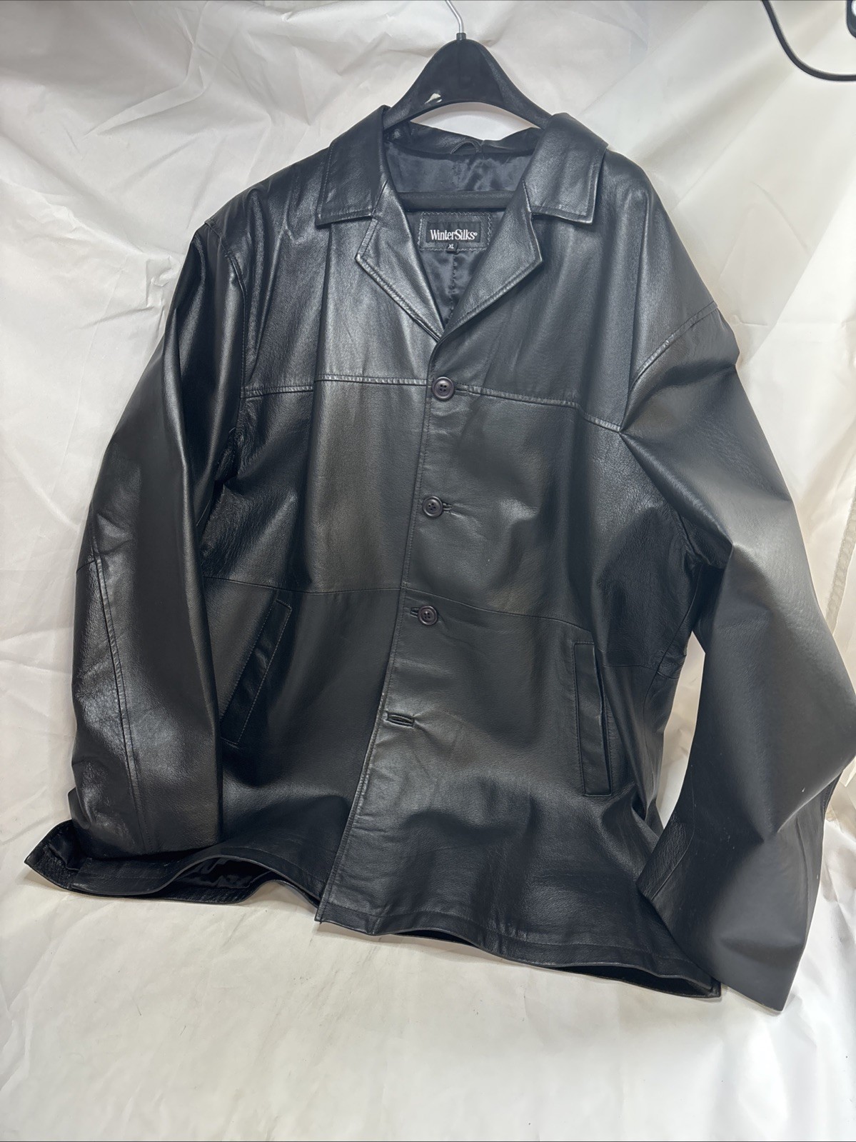 Leather Jacket Wintersilks Coat Four Button – Silk Lining Men’s Size XL Black￼