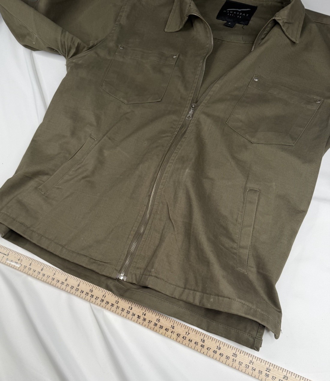 Hawksbay Men’s Olive Zip Button Jacket Pockets Mid-Length Casual Size L