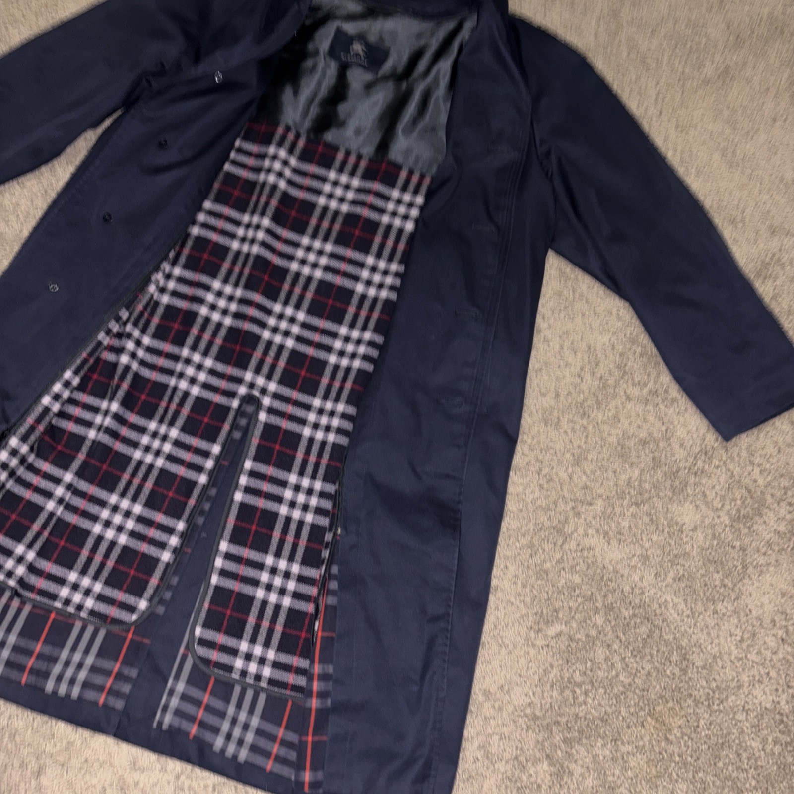 Burberry London Men’s Navy Blue Nova Check Lined Long Trench Coat Size 42R