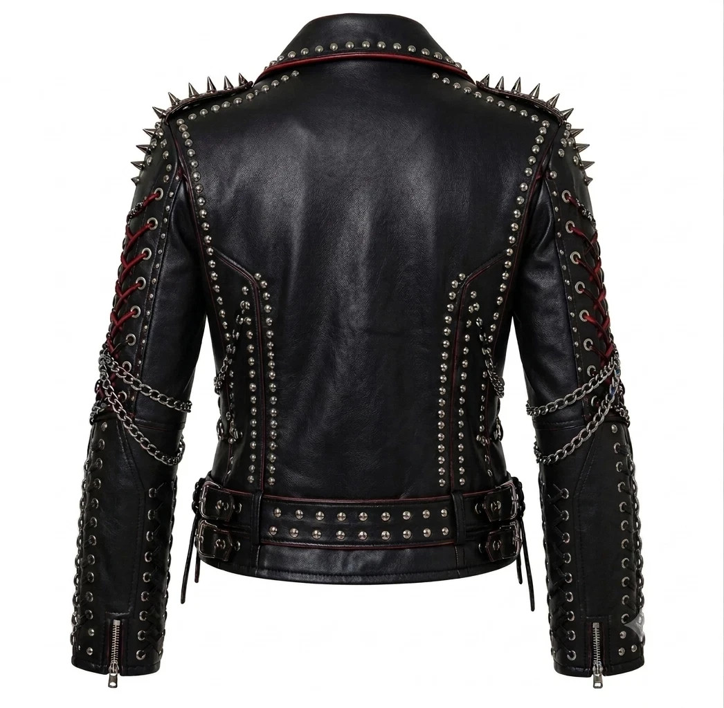 Men’s Black Leather Punk Motorcycle Jacket Studded Spikes Classic Biker Rocker