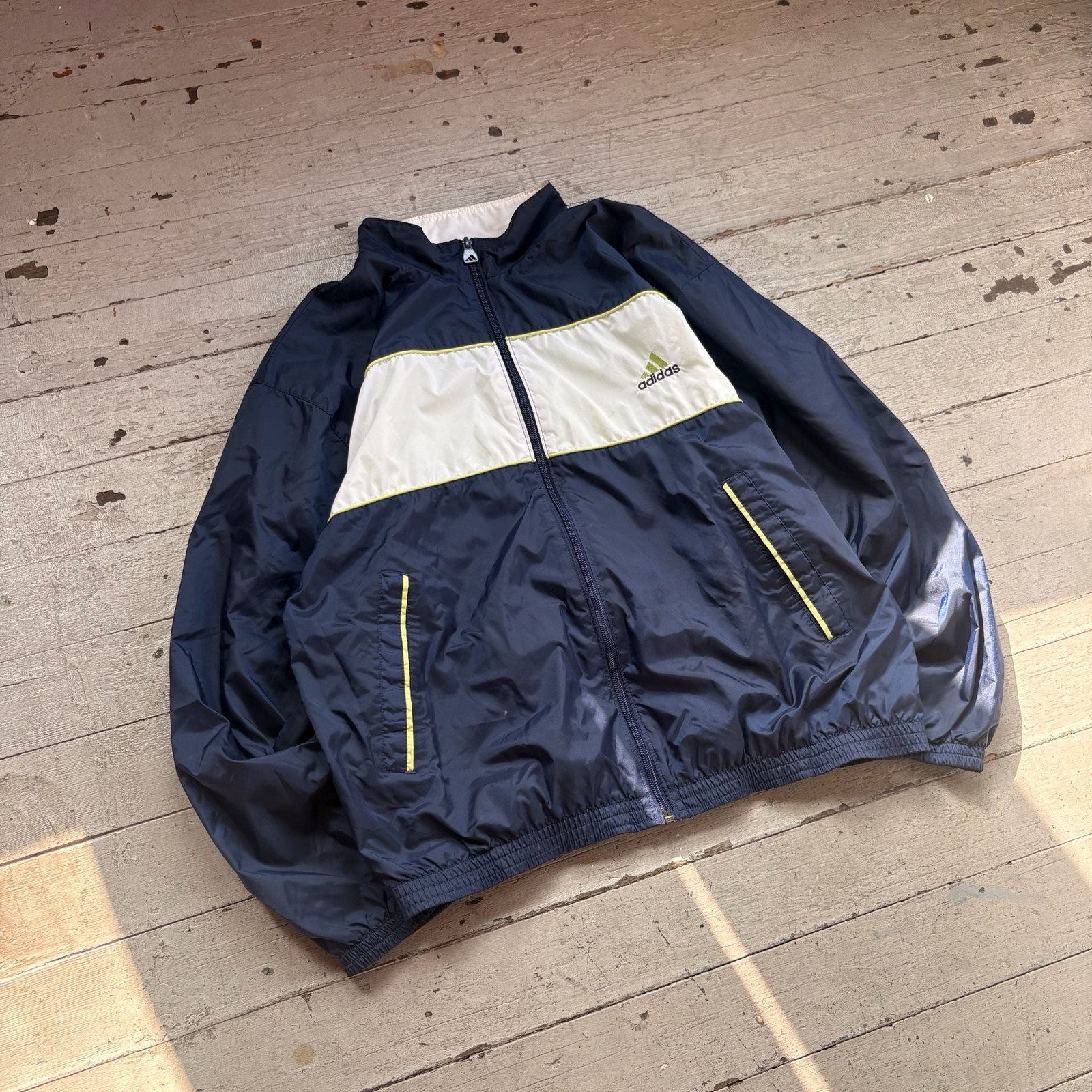 Vintage Adidas Colorblock Windbreaker Jacket Navy Blue and White Full Zip