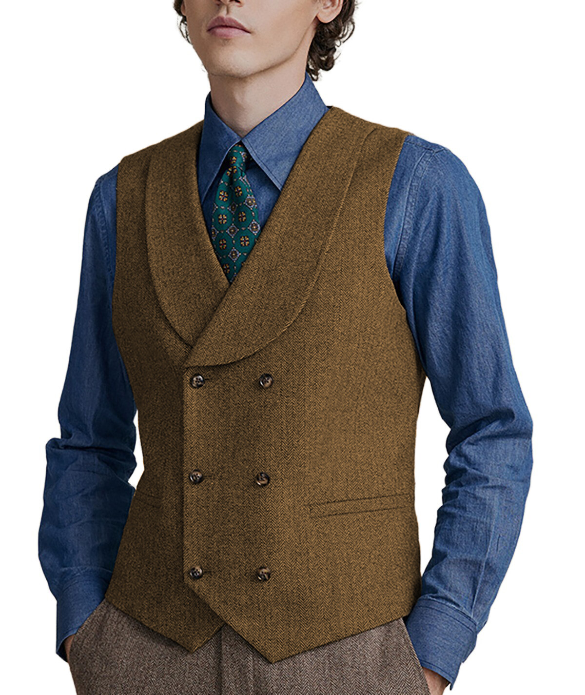 Shawl lapel Vests Mens Double-breasted Waistcoats Tweed Herringbone Wedding Wool