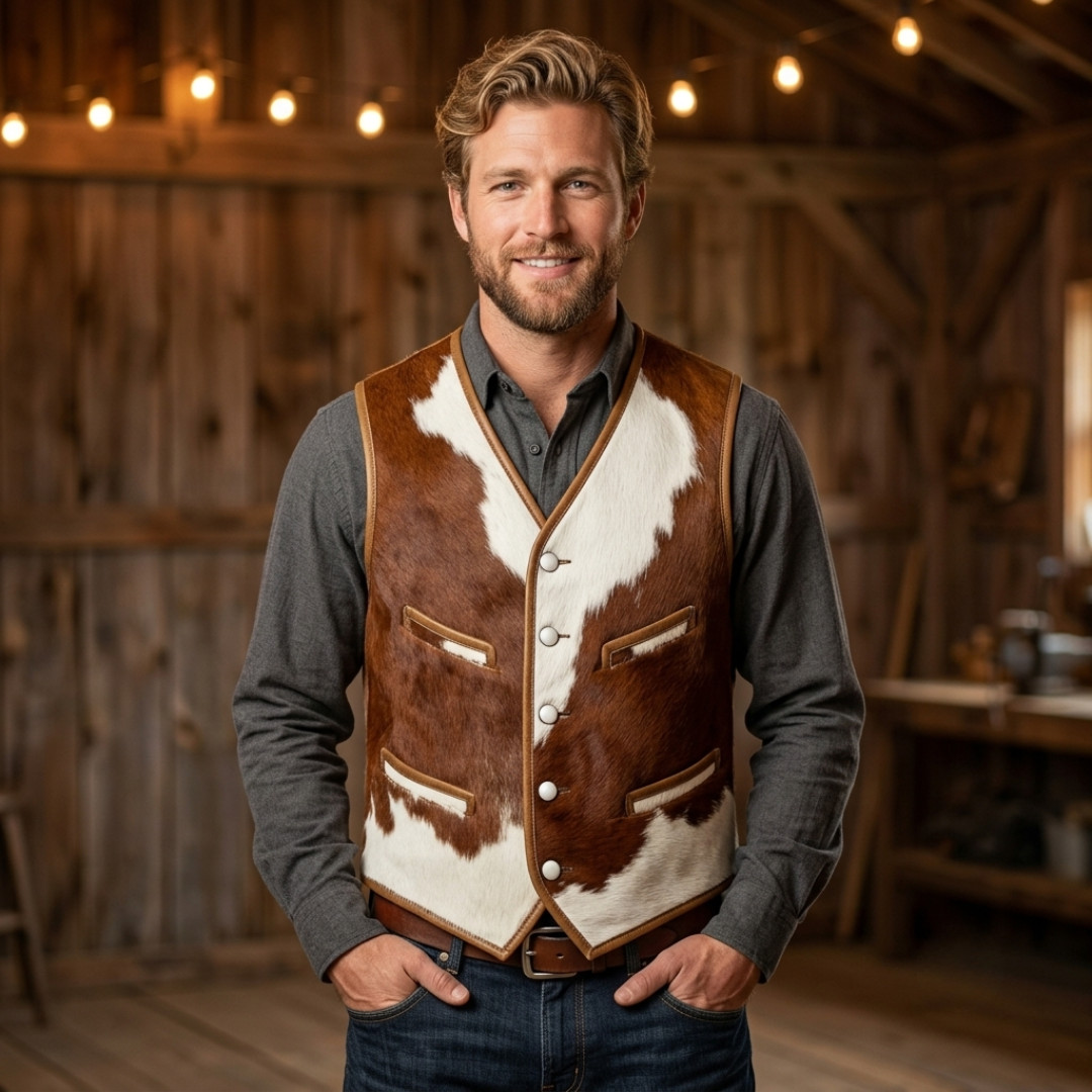 Handmade Genuine Hair-On Cowhide Leather Western Cowboy Ranch Vest Brown White..