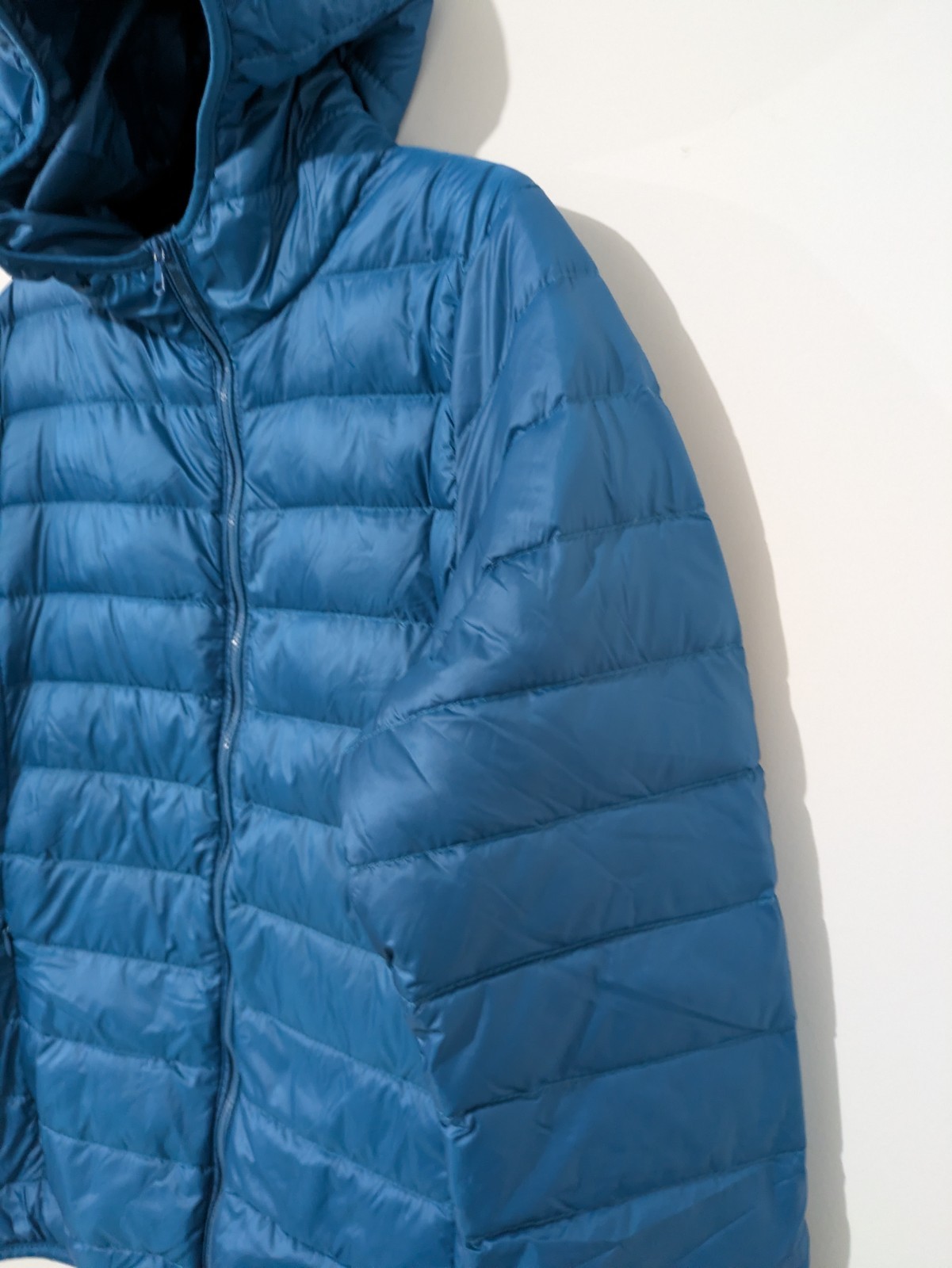 Men’s Blue Hooded Quilted Down Puffer Jacket Full Zip Short Length Size S
