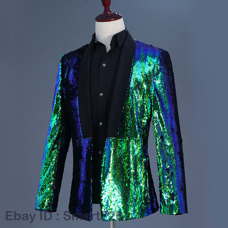 Men Reversible Two Tone Shiny Sequins Jacket Suit Blazer Fancy Dress Outfit Sets