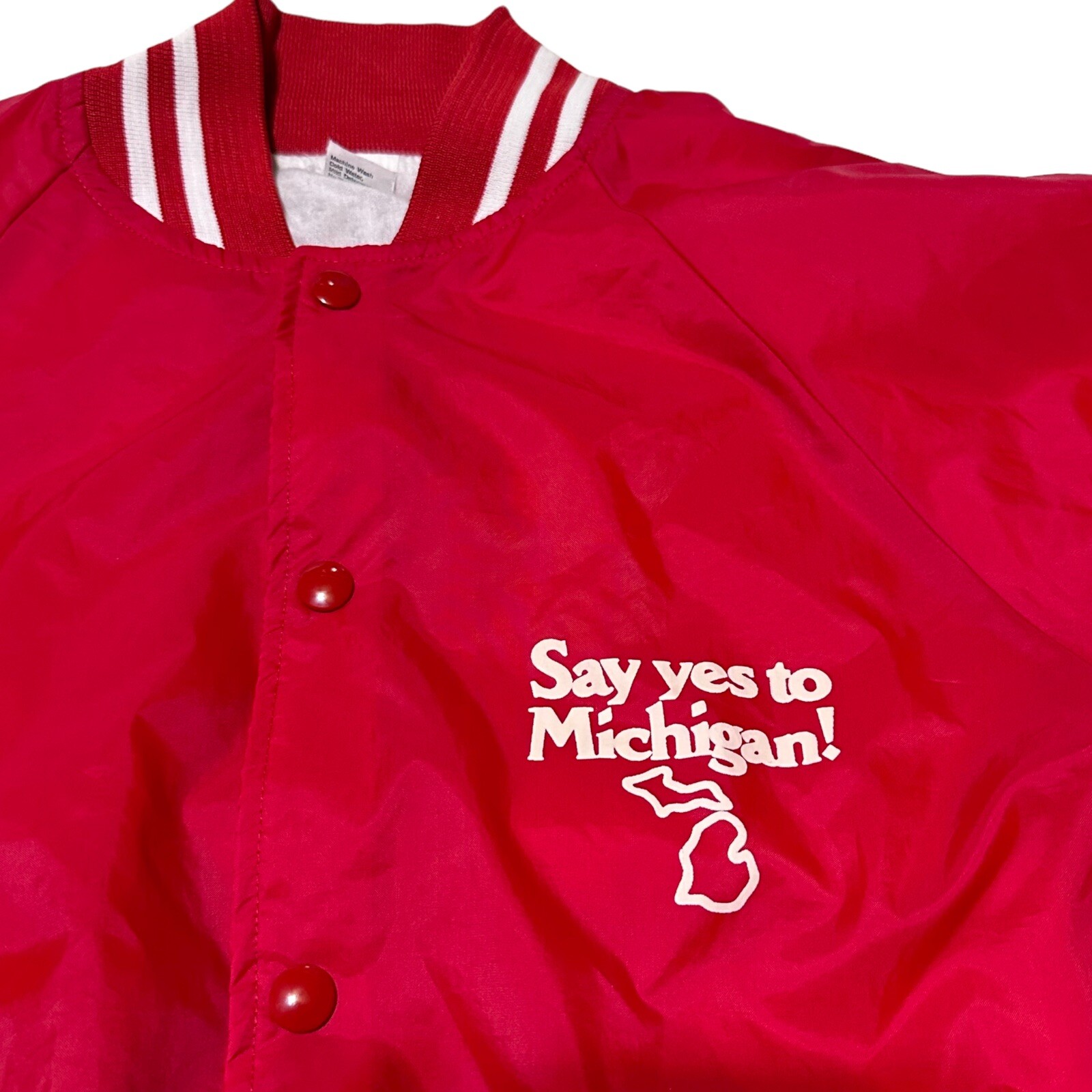 Say Yes To Michigan Vintage M Nylon Snap Button Red Bomber Jacket Windbreaker