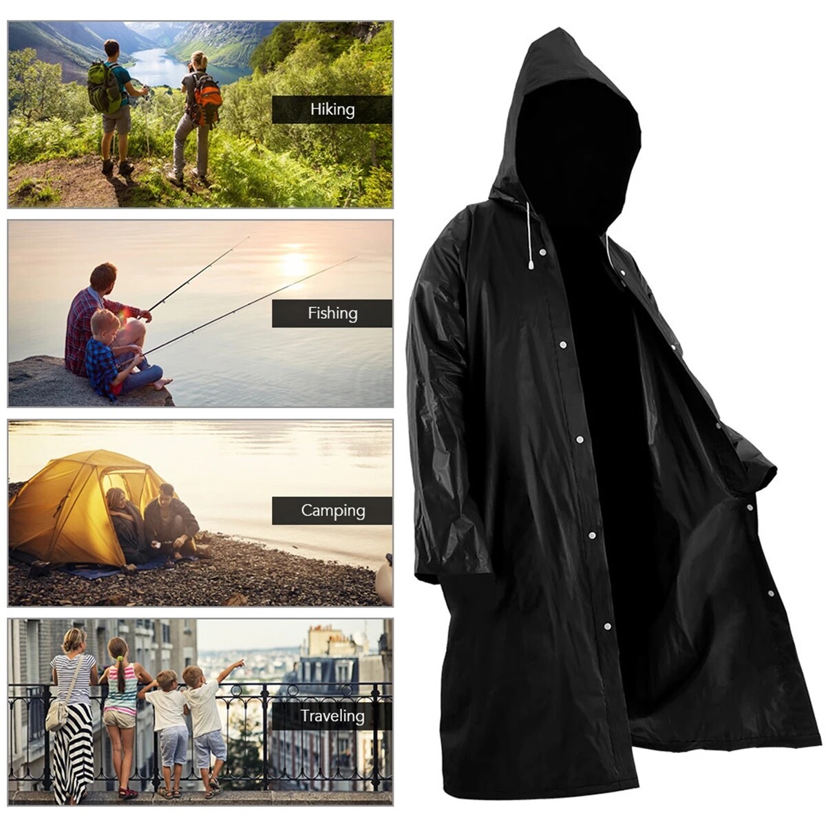 Men Black Waterproof Long Raincoat Rain Coat Hooded Trench Jacket Outdoor Hiking
