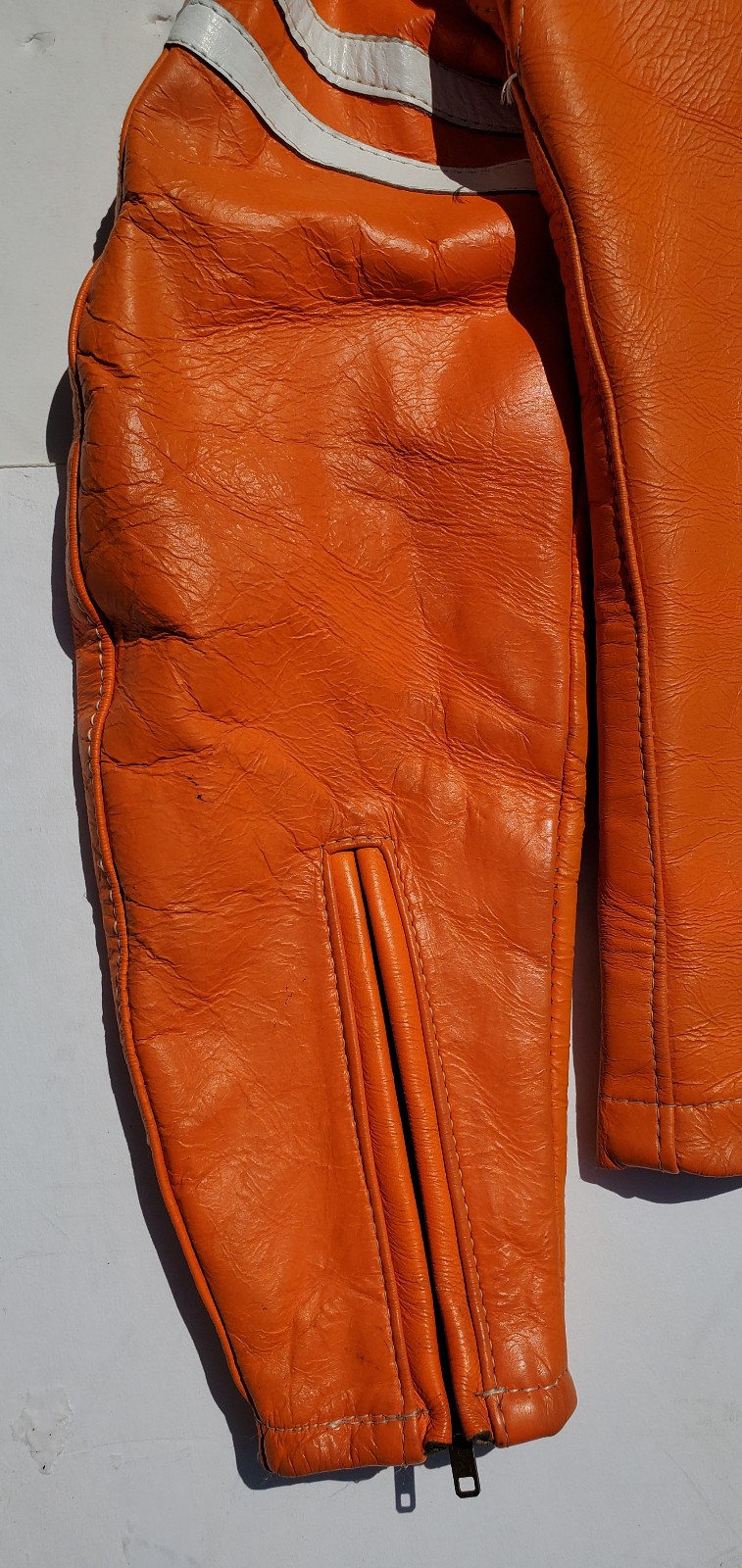 Vtg Bates Leather Motorcycle Racing Jacket Harley Orange w Stripes 1960’s L Cafe