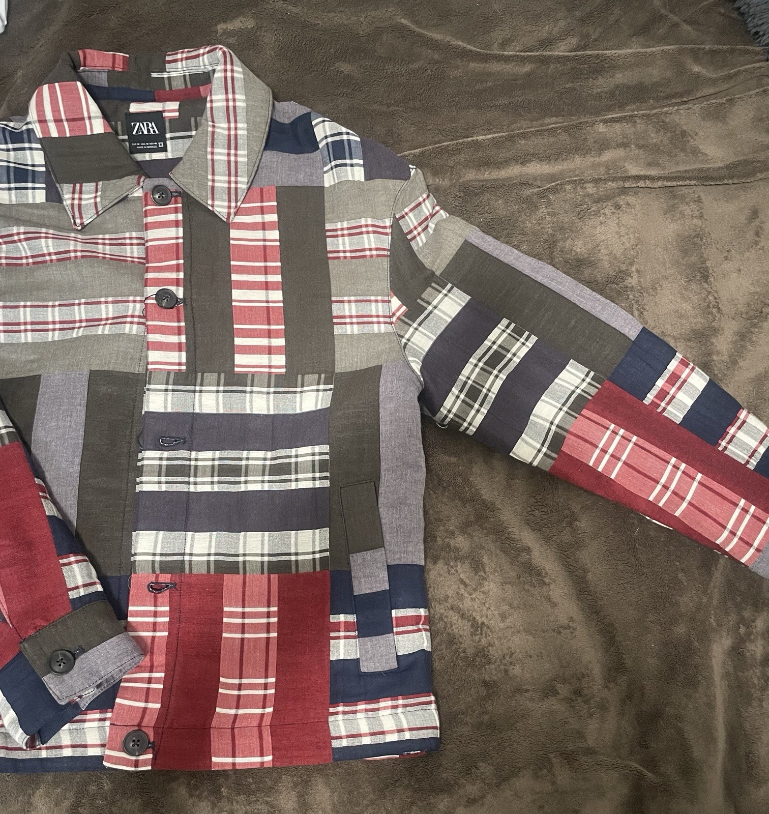 Zara Men’s Patchwork Jacket – Lapel Collar Jacket W/ Long Sleeved Buttoned Cuff.