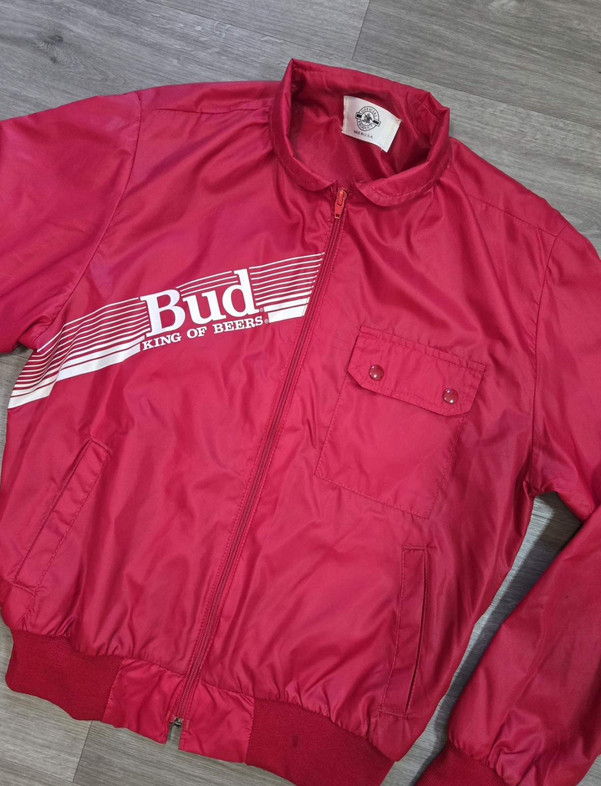 Vintage Budweiser Jacket Mens M Red Full Zip Bomber Lightweight Made in USA 80s