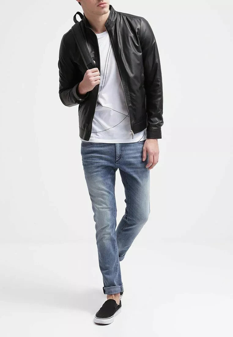 CLASSIC New Men’s Black Silver Zipper Jacket 100% Real Lambskin Moto BikerJacket