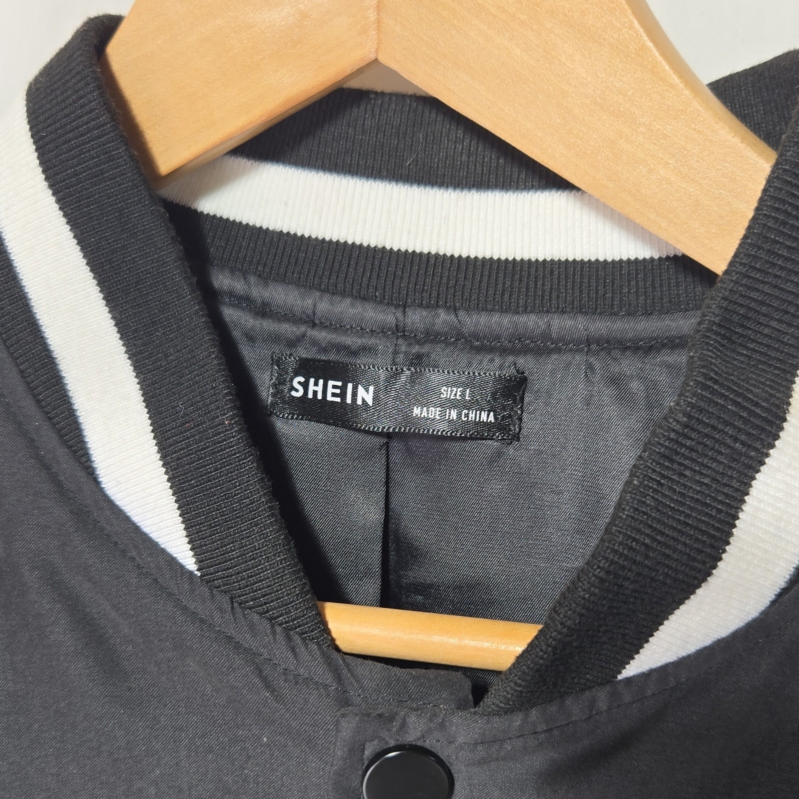 SHEIN Men’s Black/White Varsity Jacket L Snap 2 Front Pockets A Logo Accent