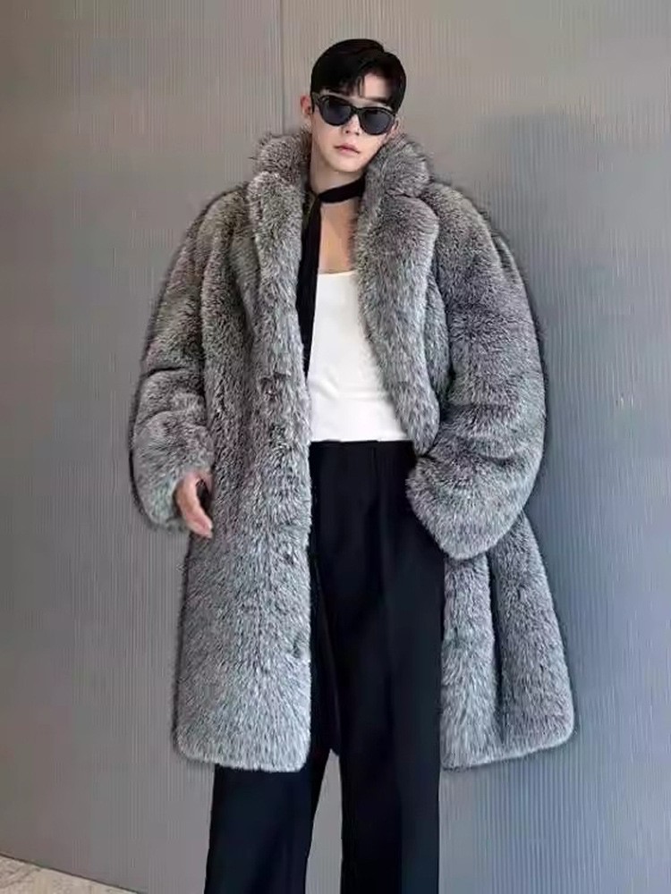 Mens Lapel Collar Mink Fur Mid Long Coats Faux Fur Overcoats 105cm Length Winter
