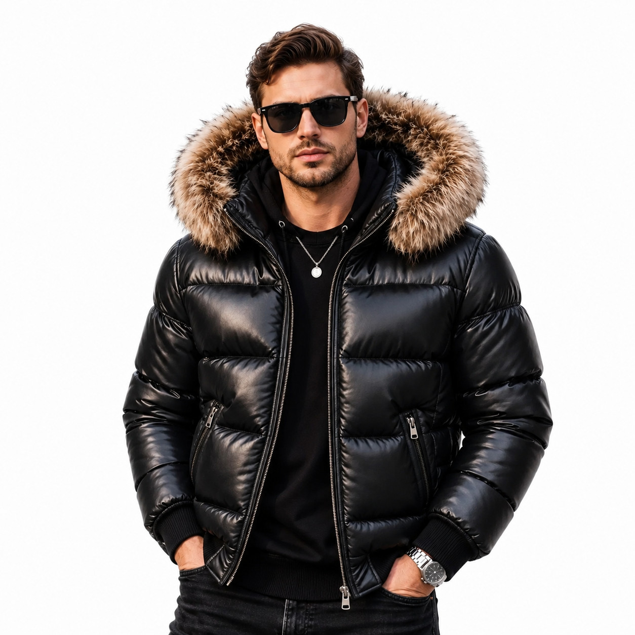 Men’s Shiny Black Faux Leather Puffer Jacket Fur Hood Winter Streetwear Trendy