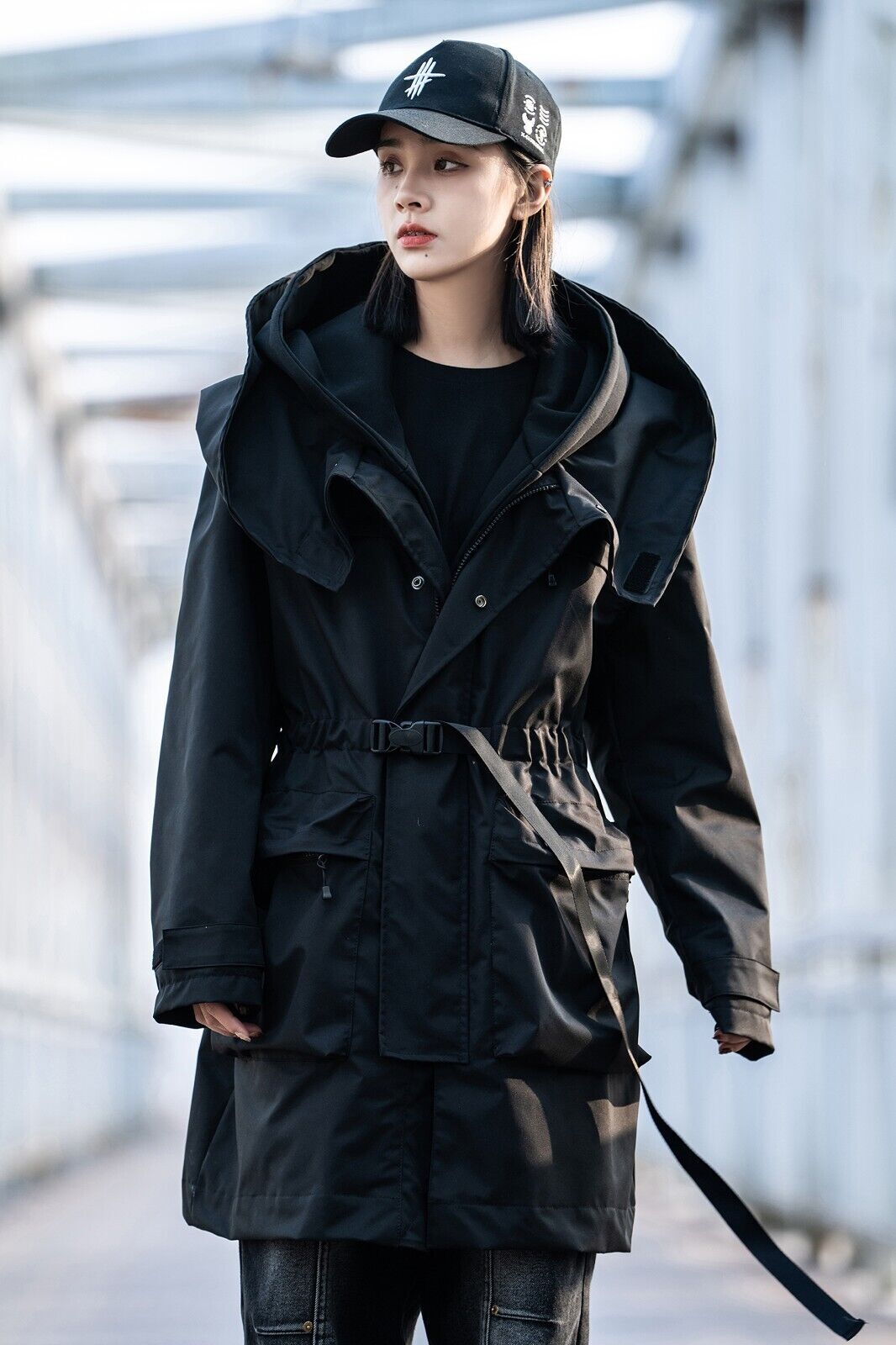 Niepce Streetwear Fashion Black Oversized Cargo Jacket Cyberpunk Trenchcoat